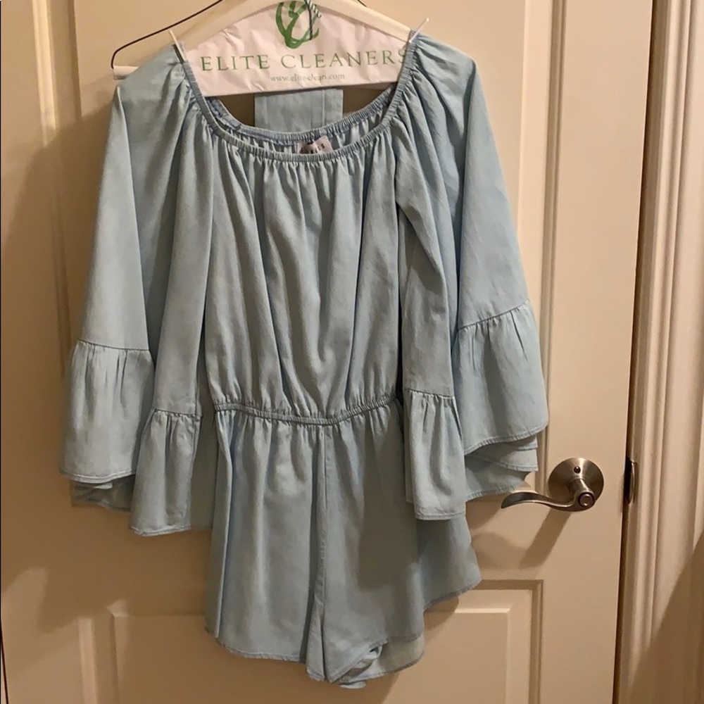 Off the shoulder jean romper from Revolve
